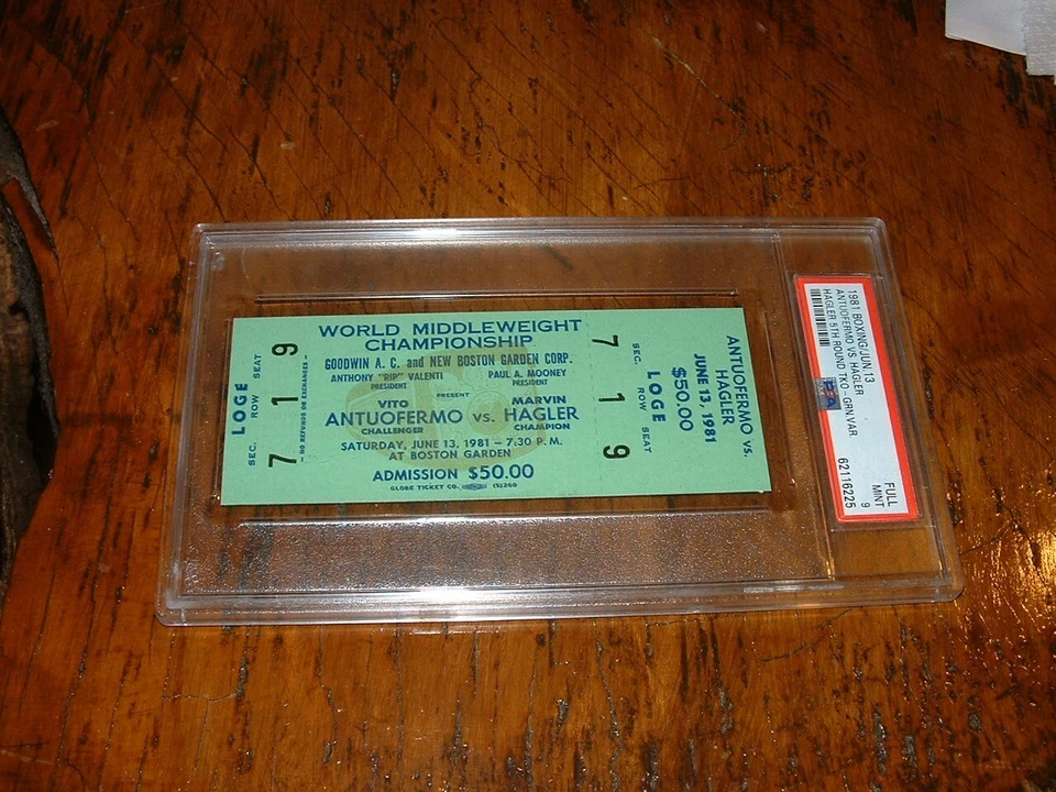 1981-ANTUOFERMO v HAGLER FULL TICKET-PSA MT 9- GREEN - HIGHEST GRADE-LOW PRICE ! - Image 1 of 2