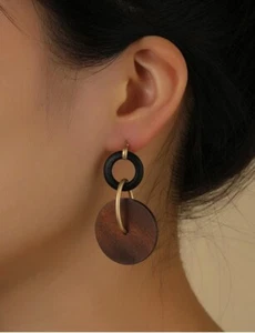 Womens Long Vintage Gold Brown Wooden Round Simple Dangle Drop Decor Earrings - Picture 1 of 4