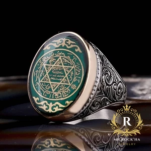 Seal of Solomon,Green Enamel,Flower Engraving,925 Sterling Silver Men's Ring - Picture 1 of 6