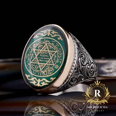 Seal of Solomon,Green Enamel,Flower Engraving,925 Sterling Silver Men's Ring - Image 1 of 4