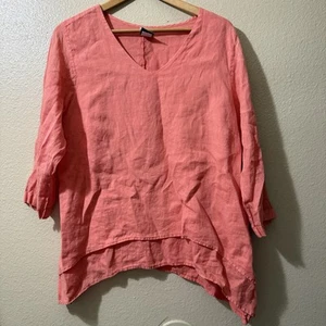 La Fixsun Tunic Top Small Linen V Neck Double Layer Asymmetric Hem Coral - Picture 1 of 6