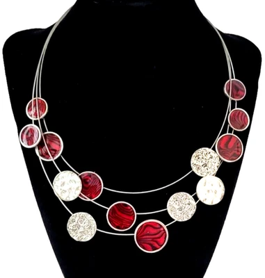 Chico's 3 Strand Wire Red and Silver Tone Disc Boho Statement Necklace 22 in. - Image 1 of 4