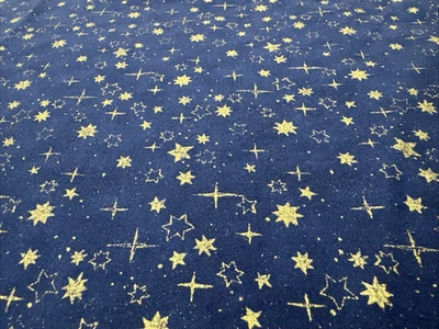 Celestial Metallic Gold Stars Blue Cotton Fabric Remnant #15 - Image 1 of 4