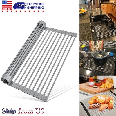 Kitchen Over the Sink Drying Rack Dish Food Drainer Stainless Steel Roll Up - Image 1 of 4