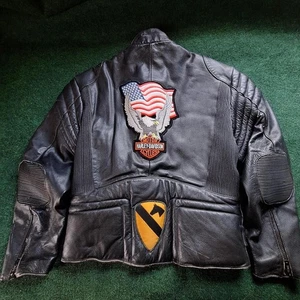 90s Leather Riding Jacket Size Medium Military Biker Eagle Patch FLAW - Picture 1 of 8