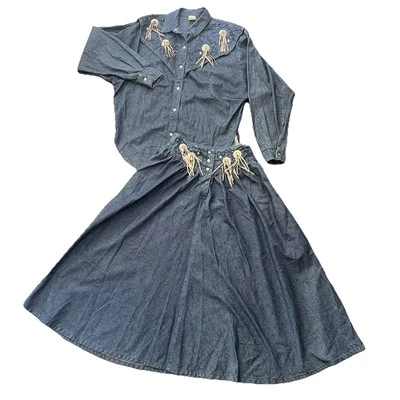 De Colección Años 80 Western Vaquera Rodeo Suroeste Denim Falda Camisa Broches Conchos Med 8 Foto 1 de 4