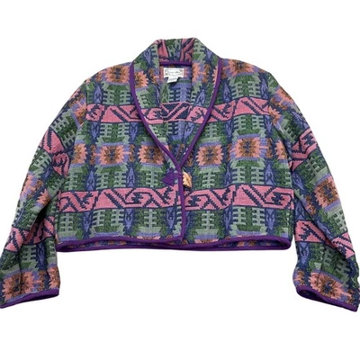 Carrie Allen Jacket Women Large Pink Green Aztec Southwest Tapestry Woven Crop - Image 1 of 4