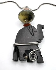 Silber Schwarz Elefant Anhänger Halskette Draht umwickelt schwarz handgeschnitzt - Bild 1 von 7