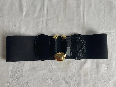 Vtg 80s Nan Lewis Black Stretch Belt Art Deco Buckle Gold Tone S/M Small Medium - Image 1 of 4