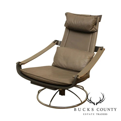 Mid Century Modern Grey Leather Chrome Base Swivel Lounge Chair Cover
