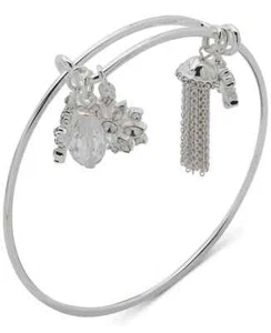 Anne Klein Silver-Tone Crystal Snowflake & Chain Tassel Multi-Charm Bangle Brace - Picture 1 of 1