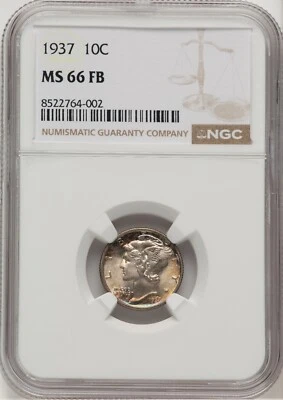 1937 Mercury Silver Dime 10c NGC MS66 FB Full Bands 8522764-002 - Image 1 of 2