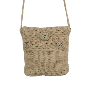 Sonoma Crossbody Bag Taupe Knit Blue Bead Flowers Purse 7.5"x7.5"x2" w 44" Strap - Picture 1 of 8