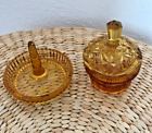 Vintage Amber Coloured Glass Ring Dish / Holder + Dressing Table Pot VGC