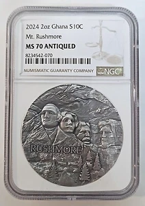Rushmore Rock-cut Monuments 2 oz Antique finish Silver Coin Ghana 2024/ MS70 NGC - Picture 1 of 10