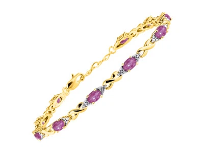 RYLOS STAR RUBY & DIAMOND TENNIS BRACELET YELLOW GOLD PLATED SILVER 7-8"  - Image 1 of 4