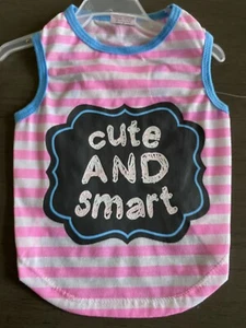 Camiseta PET SPIRIT Rosa Rayas Azul Borde "LINDA E INTELIGENTE" Cachorro/Perro Pequeña Nueva con Etiquetas - Imagen 1 de 1