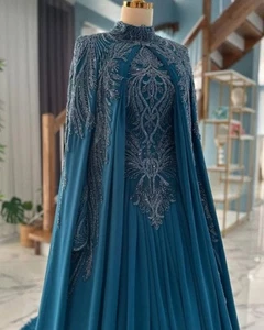 Damen Dubai Abend Brautkleider Luxus Perlen Applikation Arabische Ballkleider - Bild 1 von 5