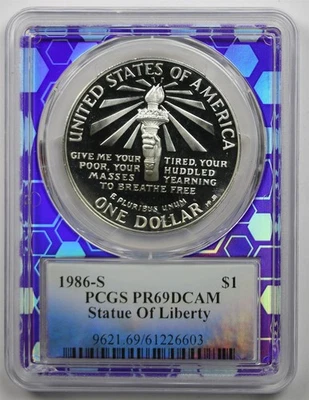 1986-S $1 Statue of Liberty Silver $1 PCGS PR69DCAM Bee Honeycomb Holograph Slab - Image 1 of 4