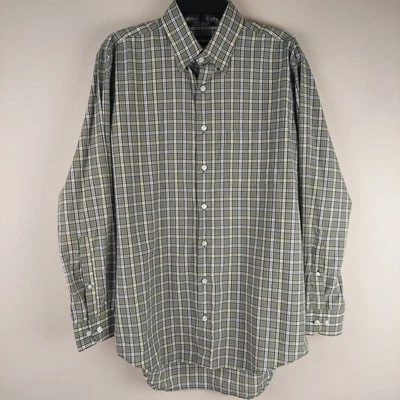 Paul Stuart Italy Shirt L Tan Plaid Violet Orange Check Hidden Button Cotton - Image 1 of 4