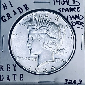 1934 D PEACE SILVER DOLLAR HI GRADE GENUINE U.S. MINT RARE KEY COIN 3203 - Picture 1 of 3