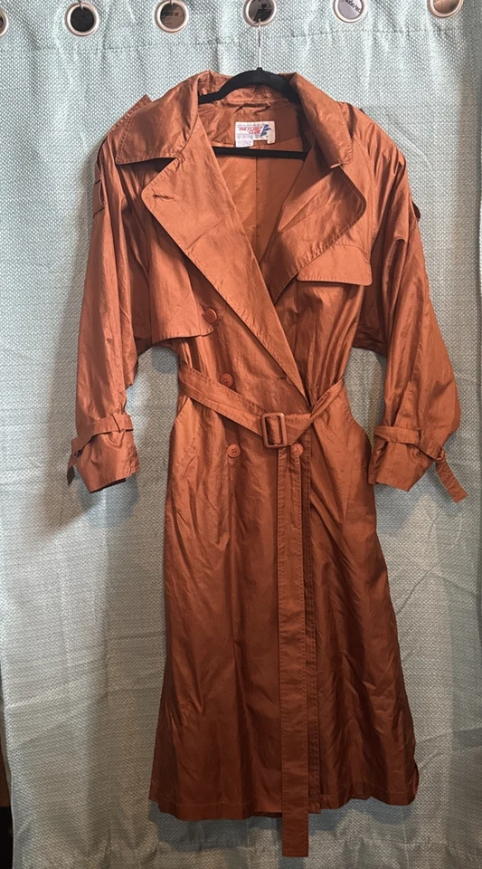 Gabardina de seda vintage The Flight Club marrón óxido cobre con cinturón años 80 90 grande Foto 1 de 4
