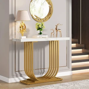 Modern Gold Console Table Faux Marble Top 100x30x82cm Hallway Foyer Desk - Picture 1 of 12