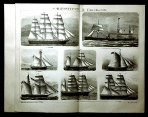 1894 OLD PRINT:ANTICHE NAVI COMMERCIALI 2-SCHIFFSTYPEN 2 HANDESCHIFFE.Brockhaus. - Bild 1 von 1