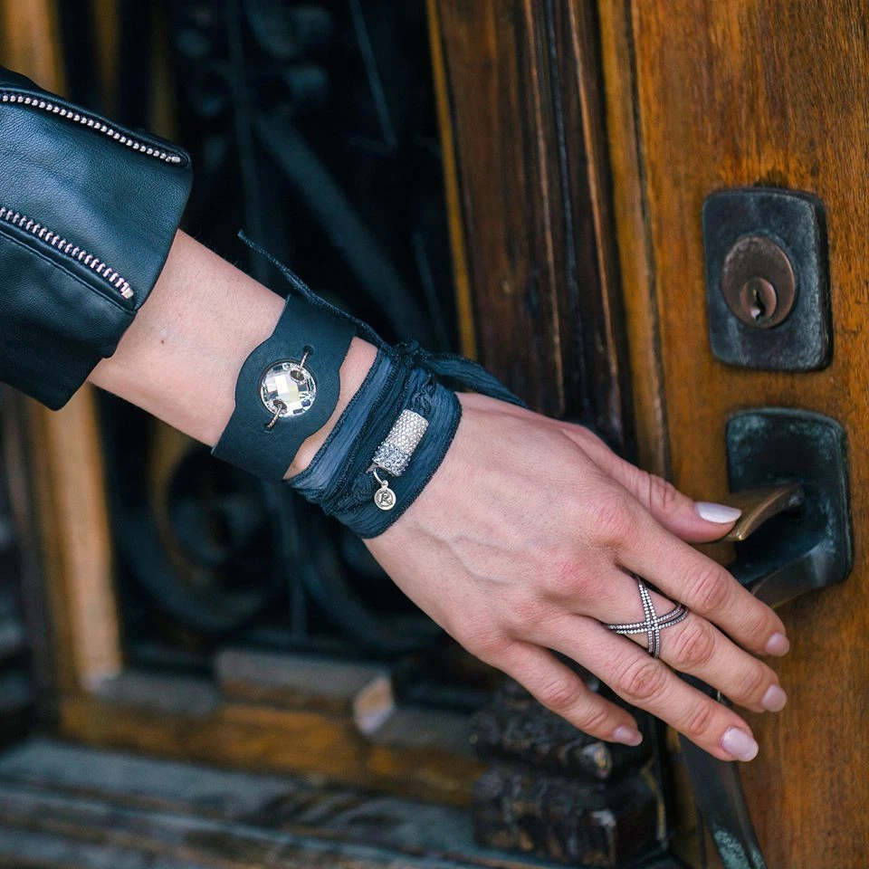 RJP Palazzolo Black Leather Cuff Bracelet Genuine Swarovski Crystal NEW - Image 1 of 4