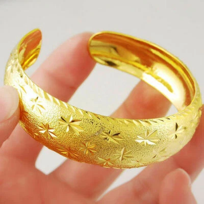 Clovers Carved Women's 24k Yellow Gold Filled Bracelet Brand Jewelry Big Bangle  - Image 1 of 3