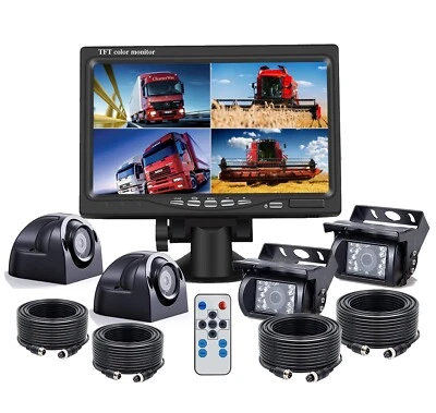 7" Quad Monitor 4 PIN Front Side Rear View Backup Camera 2x 5m 2x 10m For Truck - Image 1 of 4