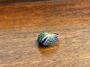 Bellissimo Anello Cloisonné Antico Oro 14k Blu, Verde Smalto, 6gm. Diametro 17 mm - Foto 1 di 10