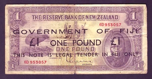 Fiji P-45b. (1942) Emergency Issue - 1 Pound. Overprint on N.Z £1 LeFeaux. VG-F - Imagen 1 de 2