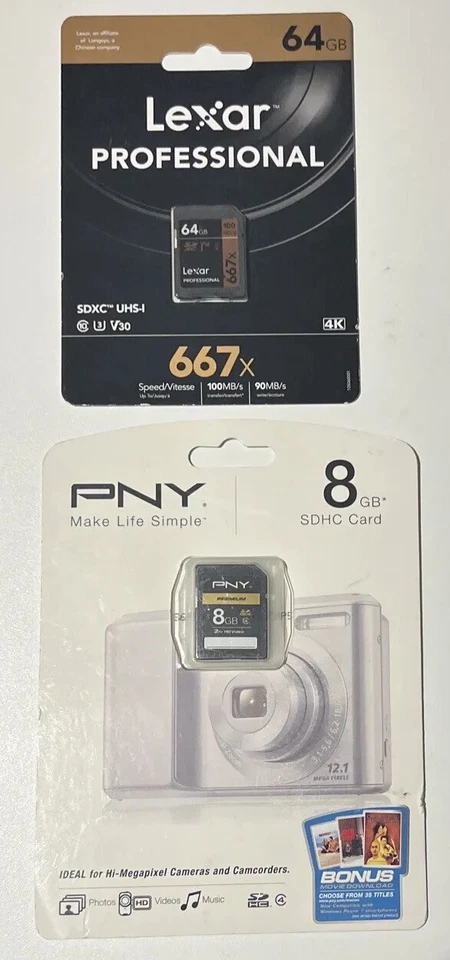 Lote 2 Tarjetas de Memoria Nuevas Lexar 64GB 4K SDXC UHS-I PNY 8GB SDHC Profesional Foto 1 de 4