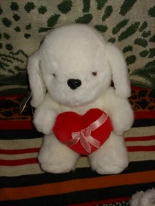 Vintage 1986 Mattel Emotions 10 Zoll weißer Plüsch Welpe Hund rotes Herz Valentinstag  - Bild 1 von 2