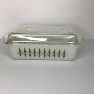 Agee Pyrex White Olive Green Spear Casserole Dish With Lid Picket Fence Vintage - Picture 1 of 10