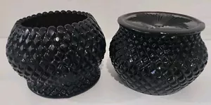 Set of 2 Vintage 4.5"w Diamond Point Black Amethyst Glass Votive Candle Holders - Picture 1 of 9