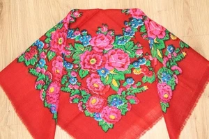 Old floral shawl, Vintage red scarf, Ukrainian folk traditional, russian wool - Picture 1 of 10