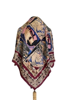 AS4#Vintage Pure Silk Scarf Abstract Faces Print Baroque Border Multicolor Squar - Image 1 of 4