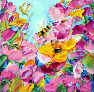 Rosen Kunstwerk, Impressionist Floral Wandbild, Rosa Blumen Bienen Ölgemälde - Bild 1 von 7