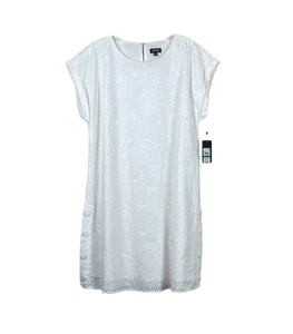 Jones New York Women's Petite Cotton Eyelet Shift Dress Cap-Sleeve White PL - Picture 1 of 10