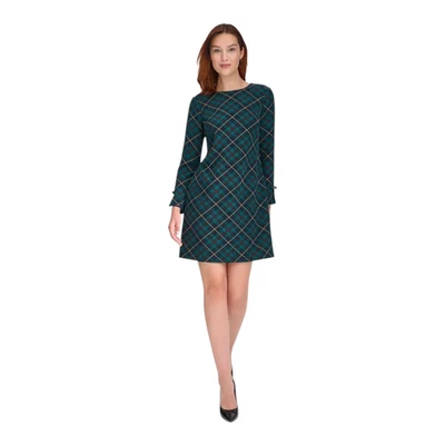 Tommy Hilfiger Petite Plaid Long Sleeve Bow-Cuff Shift Dress Green 0P,8P,2,8,12 - Image 1 of 4