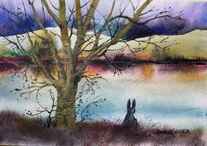 5”x7” Pamela Wilhelm Original Watercolor  Evening  River Bank  Rabbit - Picture 1 of 1