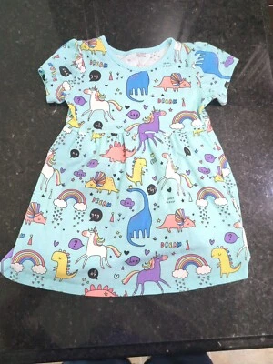 Vestido feminino 100% algodão dinossauro azul-petróleo unicórnio sonho tamanho 120/60 - Imagem 1 de 2