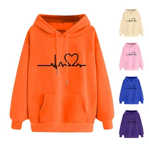 Women Hooded Sweatshirt Heart Printed Drawstring Pullover Long Sleeve Hoodie Top - Picture 1 of 14