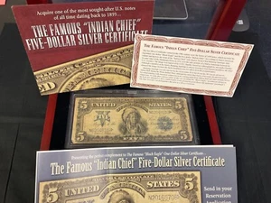1899 5 Dollar Blue Label Indian Note in Beautiful Wooden Case with info papers!! - Picture 1 of 8