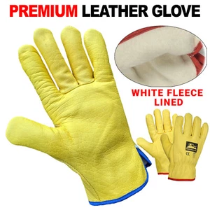 Yellow Leather Fleece Lined Truck Lorry HGV Driving Driver Safety Work Gloves - Picture 1 of 2