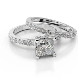 Princess Cut Diamond Engagement Ring Set 14K White Gold Classic 1.56 CT F/SI1 - Picture 1 of 6