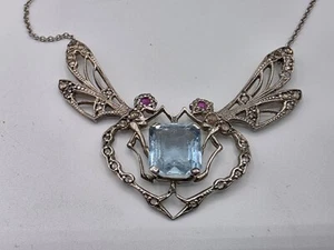Platinum Diamond and Natural Aquamarine Art Deco Dragonfly Necklace 1920s - Picture 1 of 13
