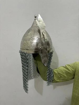 Casco islámico del sultán Saladino histórico grabado plateado armadura casco con cota de malla Foto 1 de 4